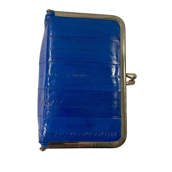 Vintage Coin Purse Eel Skin Clam Shell Make Up Bag Kiss Lock Frame Mirrored Blue - Picture 2 of 15